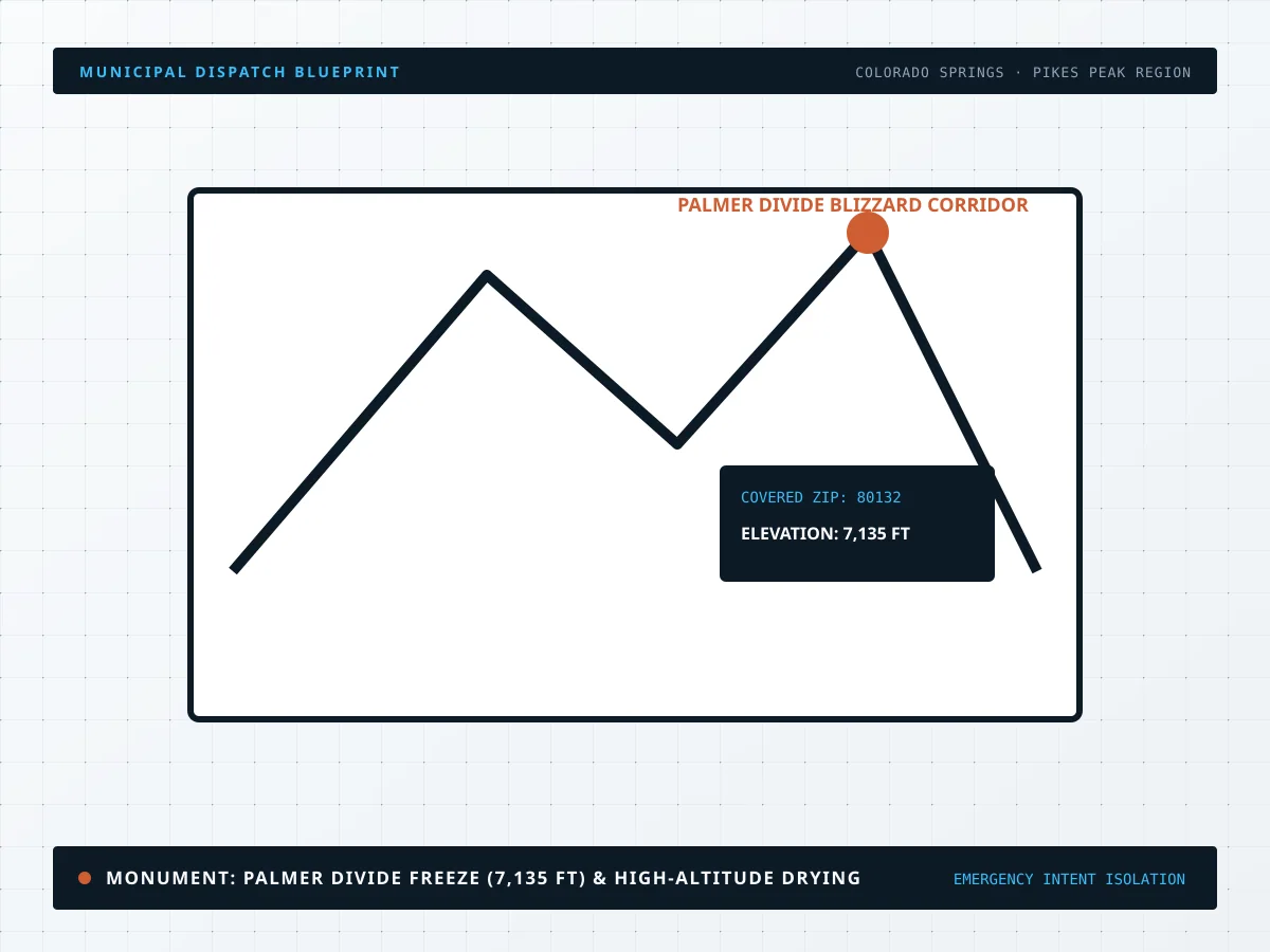 Diagram showing Palmer Divide blizzard freeze protection at 7,135 ft elevation in Monument, CO